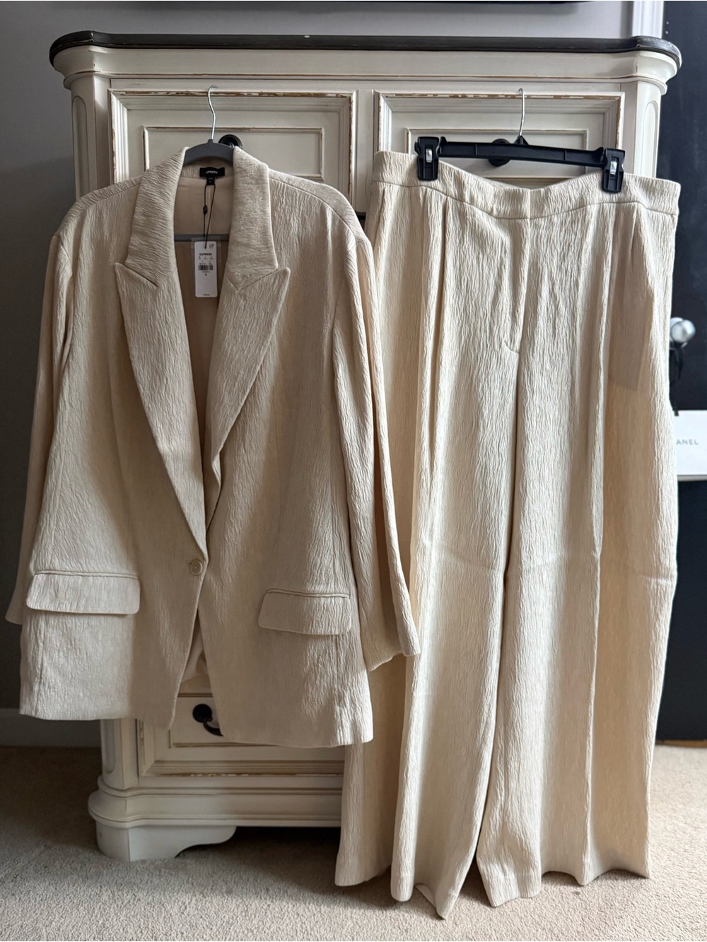 Express Cream Textured Wide-Leg Pantsuit Blazer & Trousers